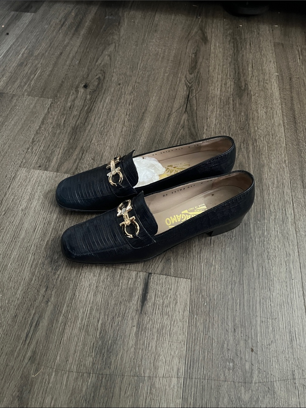 Salvatore Ferragamo Black Leather Loafers with Gold Bit